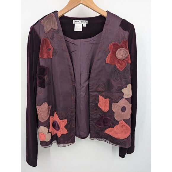 Nancy Bolen City Girl Small Purple 100% Silk Floral Velvet Jacket Boho Artsy - Picture 1 of 3